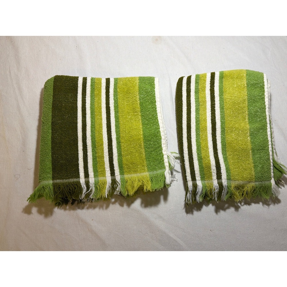 Vintage 70s Green Striped Hand Towel Set Fringed Cotton Terry Retro 2pc 16x40